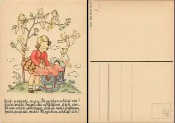 Kind mit Puppenwiege und Engeln Künstlerkarte G. Scheufler * um 1940