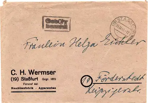 Gebühr bezahlt Stempel auf Stassfurt Brief nach Förderstedt o 29.11.1945