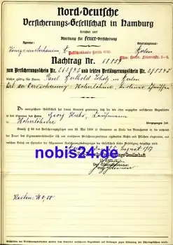 Norddeutsche Versicherung Hamburg 1917 Schein Din A4