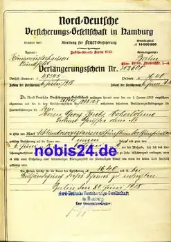 Norddeutsche Versicherung Hamburg 1918 Schein Din A4