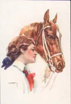 Frau mit Pferd Künstlerkarte * ca. 1920