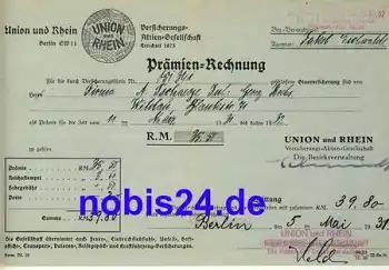 Union und Rhein Prämien Rechnung 1931