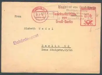 Propagandastempel "Alle Kraft für den Frieden"  Absenderfreistempel Berlin Bezirksamt Mitte und Werbestempel o 28.8.1952