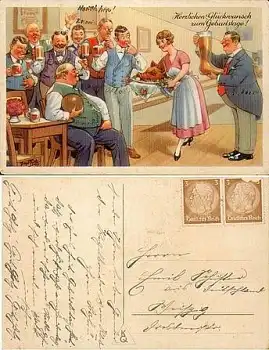 Arthur Thiele Kegeln Künstlerkarte Geburtstag Bier *ca.1920