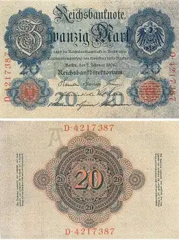 20 Mark Reichsbanknote 7. Februar 1908 Kassenfrisch