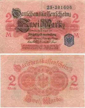 2 Mark Darlehenskassenschein 12. August 1914