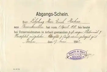 Dewitt & Herz Berlin Zeugnis Abgangsschein Herr Erich Hahne Bennekenstein 1912