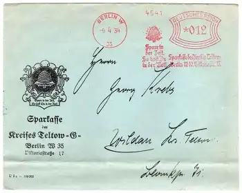 Teltow Sparkasse Briefumschlag Bienenkorb  Michel 391 mit Firmenlochung 6.1.1928