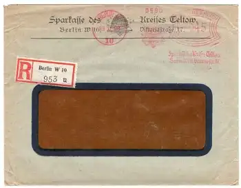 Teltow Sparkasse Einschreiben Briefumschlag Berlin W10 Bienenkorb mit Absenderfreistempel 15.6.1929