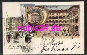 Stuttgart Litho Kirchstrasse Posthorn o ca.1900