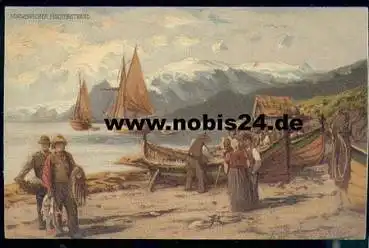 Norwegischer Fischerstrand Künstlerkarte *ca. 1910