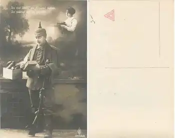 Deutscher Soldat mit Wurstpaket und Zigarrenkiste 1.WK Serienkarte 3442/3 * um 1915