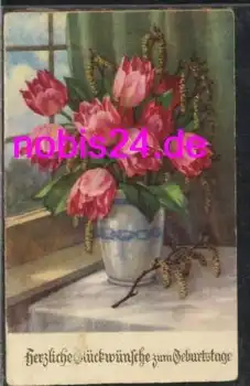 Tulpen in Vase Geburtstagskarte *ca.1935