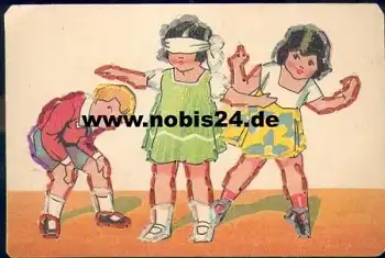 Kinder spielen "blinde Kuh" Ausstickbild *ca. 1930