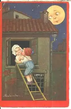 Kinder beim Fensterln Kuss Künstlerkarte E. Colomko gebr.  ca. 1920