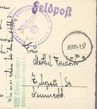 Deutsche Feldpost 42425 A mit Stummenstempel 20.12.1941 auf Weihnachtskarte 2. WK