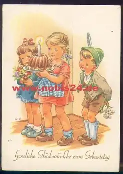 Kinder mit Geburtstagskuchen Künstlerkarte  H. B. o ca. 1950