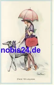 Dame mit Windhund Künstlerkarte *ca.1910