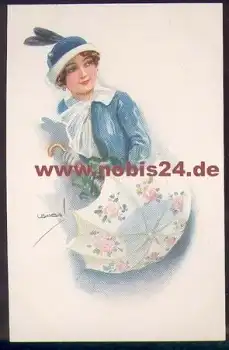 Frau mit Schirm Künstlerkarte USABA *ca. 1920