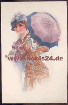 Frau mit Schirm Künstlerkarte USABA *ca. 1920