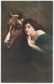 Frauenkopf und Pferdekopf Künstlerkarte * ca. 1920