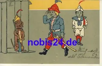 Dackel in Menschengestalt als Soldaten o ca.1910