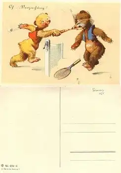Teddys spielen Tennis Humorkarte *ca. 1940