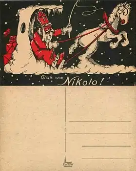 Nikolaus mit Pferdeschlitten Gruß vom Nicolo *ca. 1940
