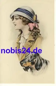 Dame mit Hut und Hund Künstlerkarte *ca.1910