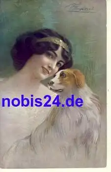 Dame mit Hund Künstlerkarte *ca.1910