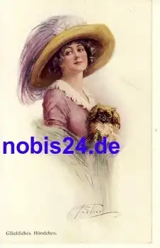Dame mit Hut und Hund Künstlerkarte *ca.1910