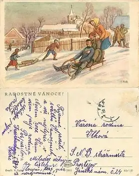 Rodeln Künstlerkarte V. Fiola gebr. ca. 1930