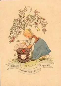 Mädchen mit Babywiege Künstlerkarte * ca. 1940