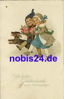 Dackel Kinder Glückwunschkarte zum Namenstag o ca.1925