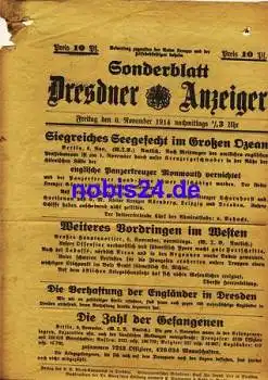 Dresden Sonderblatt 1.WK Dresdner Anzeiger 1914 "Siegreiches Seegefecht!"
