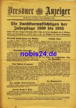 Dresden Sonderblatt 1.WK Dresdner Anzeiger 1914 "Die Landsturmpflichtigen der Jahre 1880 bis 1885"