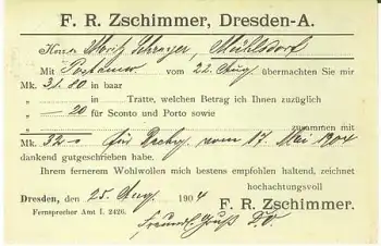 Dresden Vertreterkarte der Firma Zschimmer o 25.8.1904