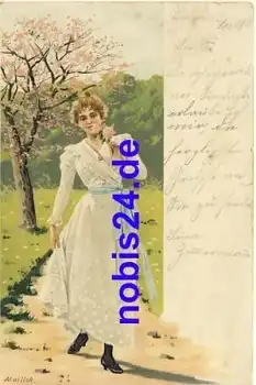 Frau im weissen Kleid  Künstlerkarte Mailick o 1900