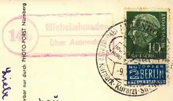 88339 Michelwinnaden Bad Waldsee Posthilfsstellenstempel auf Kitschkarte o 9.7.1954