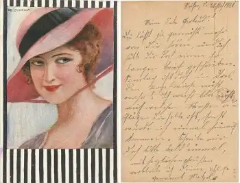 Dame mit Hut Künstlerkarte CE Godella 274 gebr. 1920