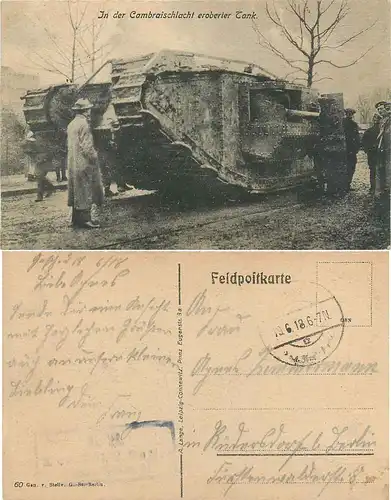 Panzer eroberter französischer Tank  Cambraischlacht Feldpost 1918