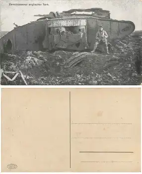 Panzer zerschossener englischer Tank AK um 1917