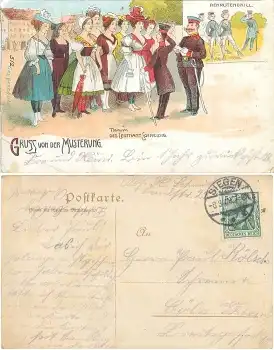 Gruss von der Musterung Frauenbewegung Litho o 8.3.1908