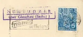 08371 Schlanzig über Glauchau Posthilfsstellenstempel auf Kitsch AK o 30.12.1957