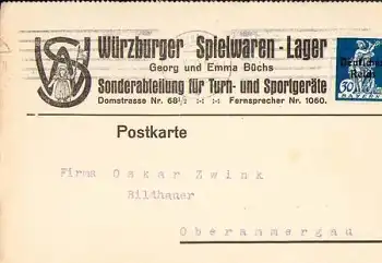 Würzburger Spielwarenlager Firmenkarte o 17.9.1920