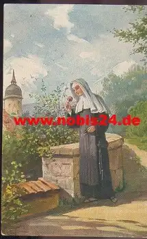 Nonne mit Rose Künstlerkarte A. Fred *ca. 1920
