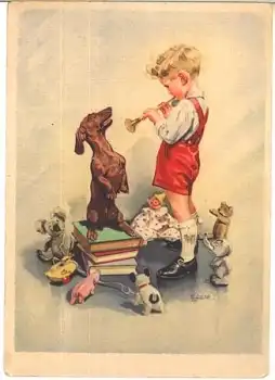 Kind mit Flöte und Dackel * ca. 1950