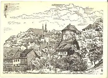 99734 Nordhausen alte Stadtmauer mit Dom Künstlerkarte Schneider  o 30.12.1948