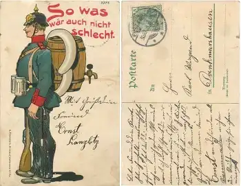 Deutscher Soldat mit Pickelhaube Bierfass und Wurst. Litho o 30.10.1908