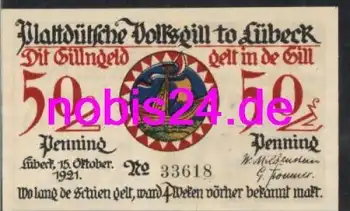 Lübeck Notgeld Schiff 50 Pfennige um 1920